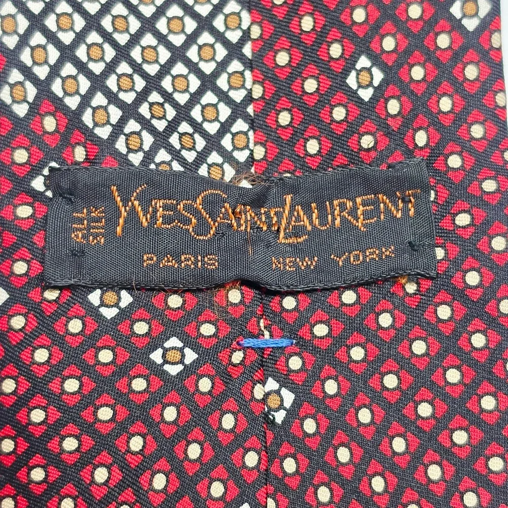 Yves Saint Laurent Silk Necktie Mens OS Red Black Geometric Medallion YSL